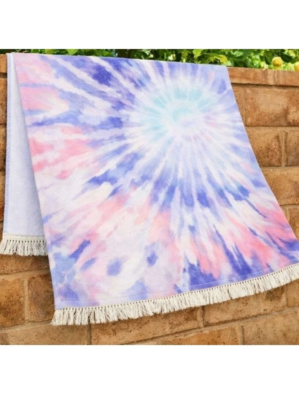 L Space Beach Towel Tie Dye Purple Blue Pink Cotton Fringe 68x30 NEW